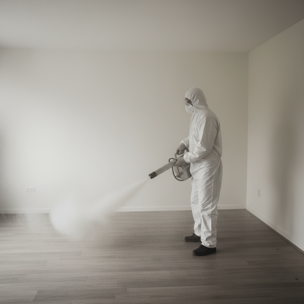 Schädlingsbekämpfung Notdienst Mitarbeiter bei der Desinfektion einer Wohnung mit Sprühgerät