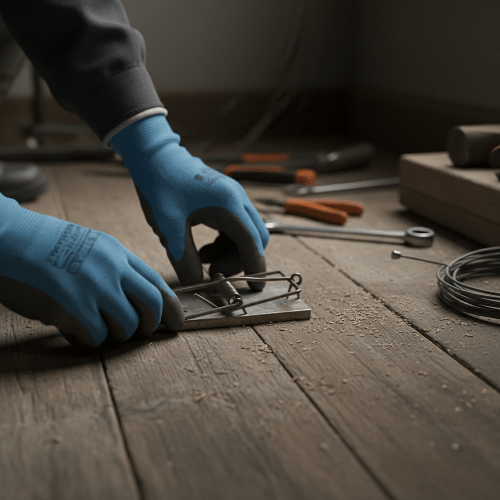 Detailaufnahme von Händen eines Kammerjägers beim Vorbereiten einer Falle