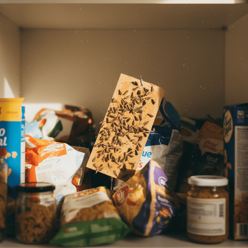 Mottenfalle in einem Vorratsschrank klebend